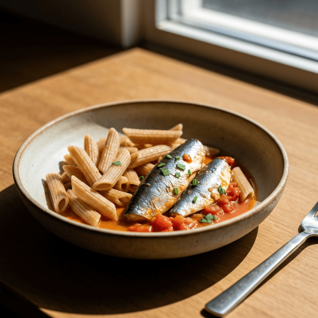 Poached Pacific Sardines in Tomato-Ginger Broth with Whole Wheat Penne