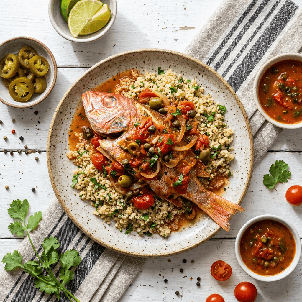 Pescado a la Veracruzana with Cilantro-Steamed Quinoa