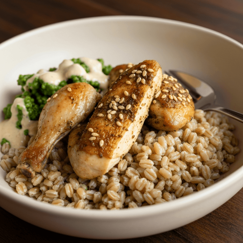 Roasted Chicken and Farro Power Bowl with Za'atar and Lemon-Tahini Dressing