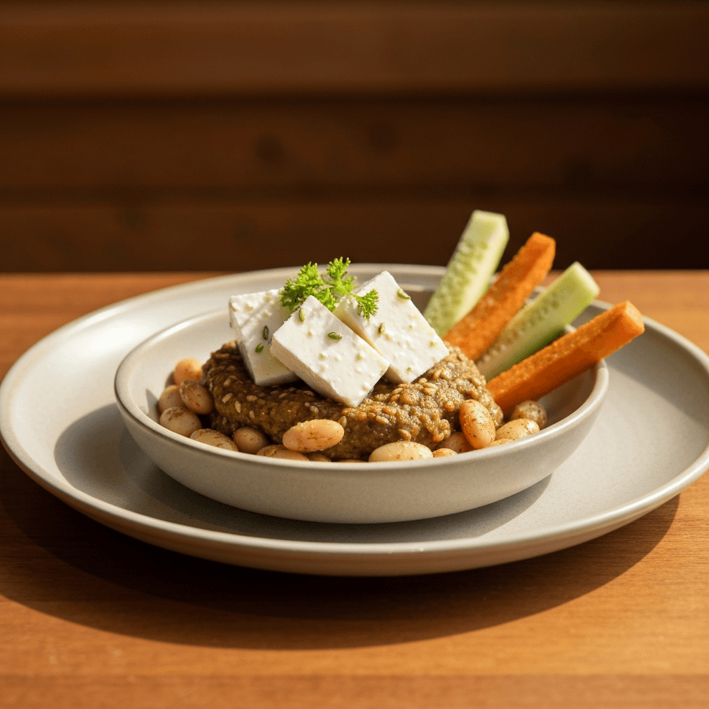Mediterranean Meze Plate with Za'atar-Spiced White Bean Smash and Feta