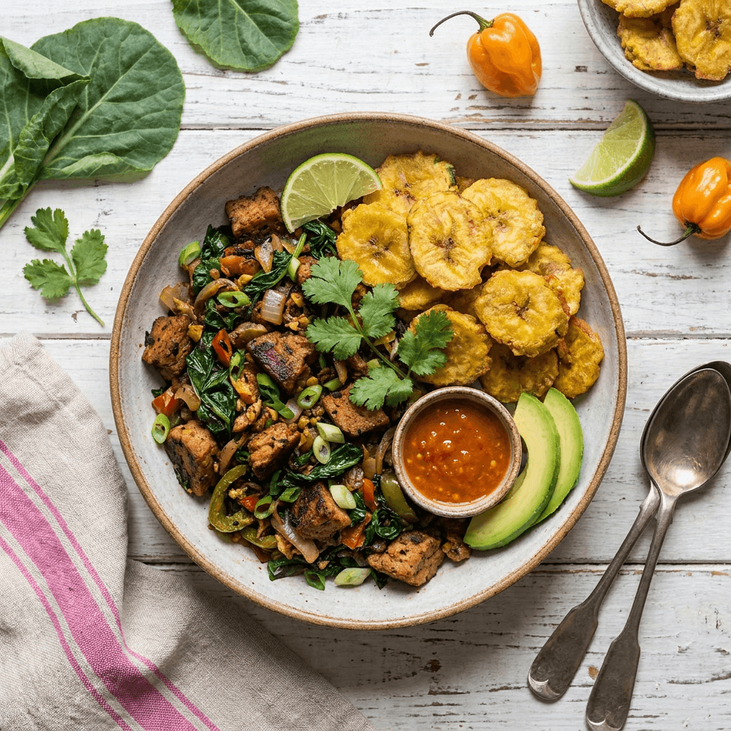 Smoky Seitan and Callaloo Scramble with Crispy Green Plantain