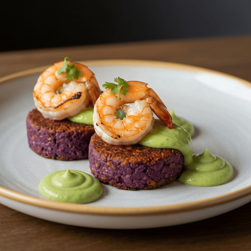 Spiced Purple Sweet Potato Cakes with Pan-Seared Shrimp and Avocado Crema