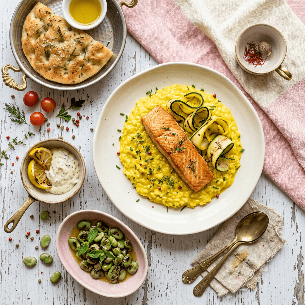Pan-Seared Salmon with Saffron Risotto and Charred Zucchini Ribbons