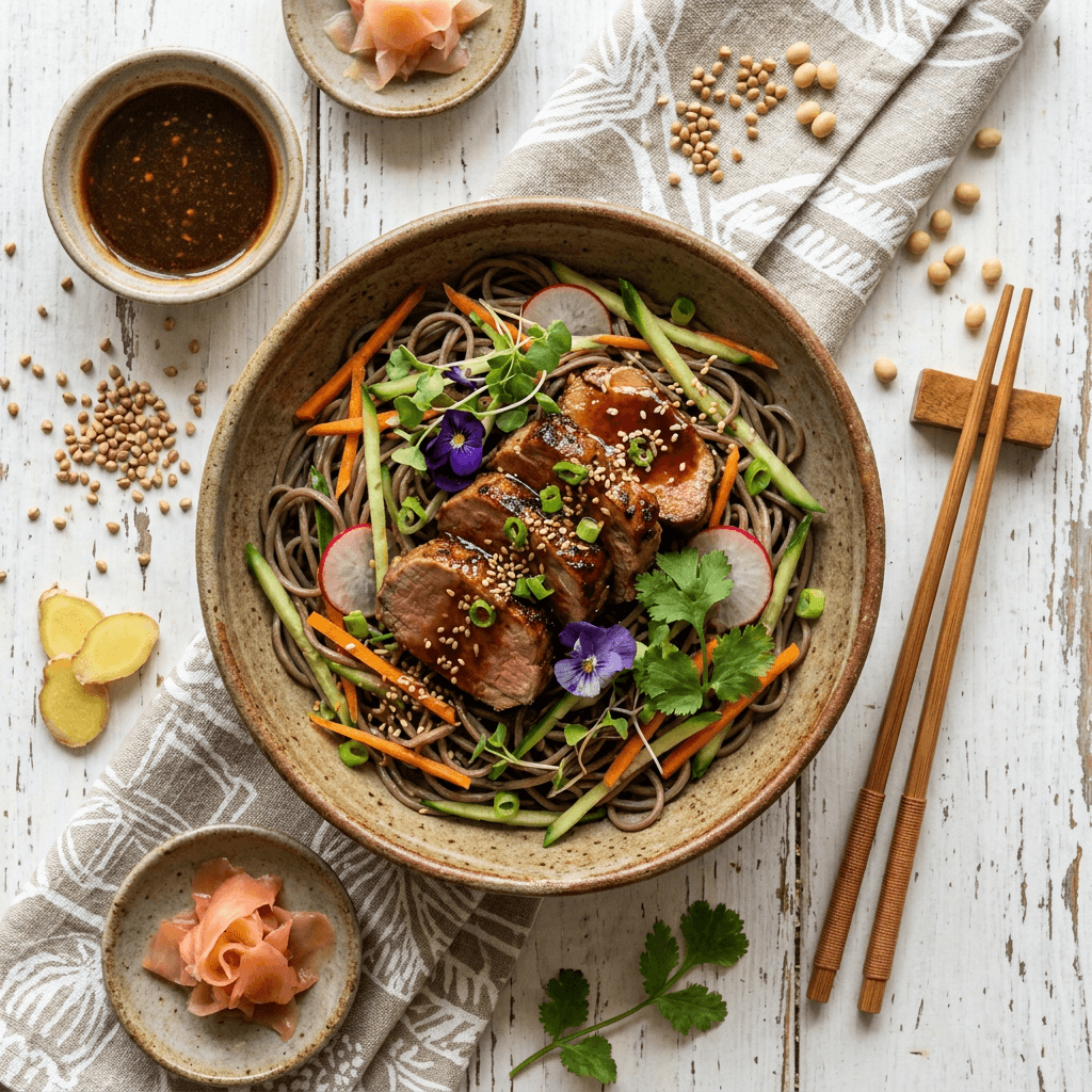 Soba Noodle Bowl with Seared Goat and Ginger-Soy Glaze