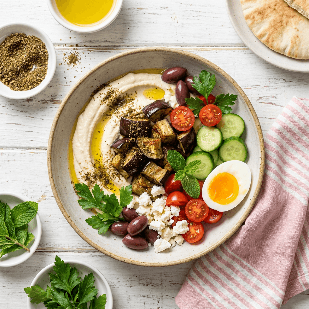 Mediterranean Breakfast Bowl with White Bean Hummus, Roasted Eggplant, and Za'atar