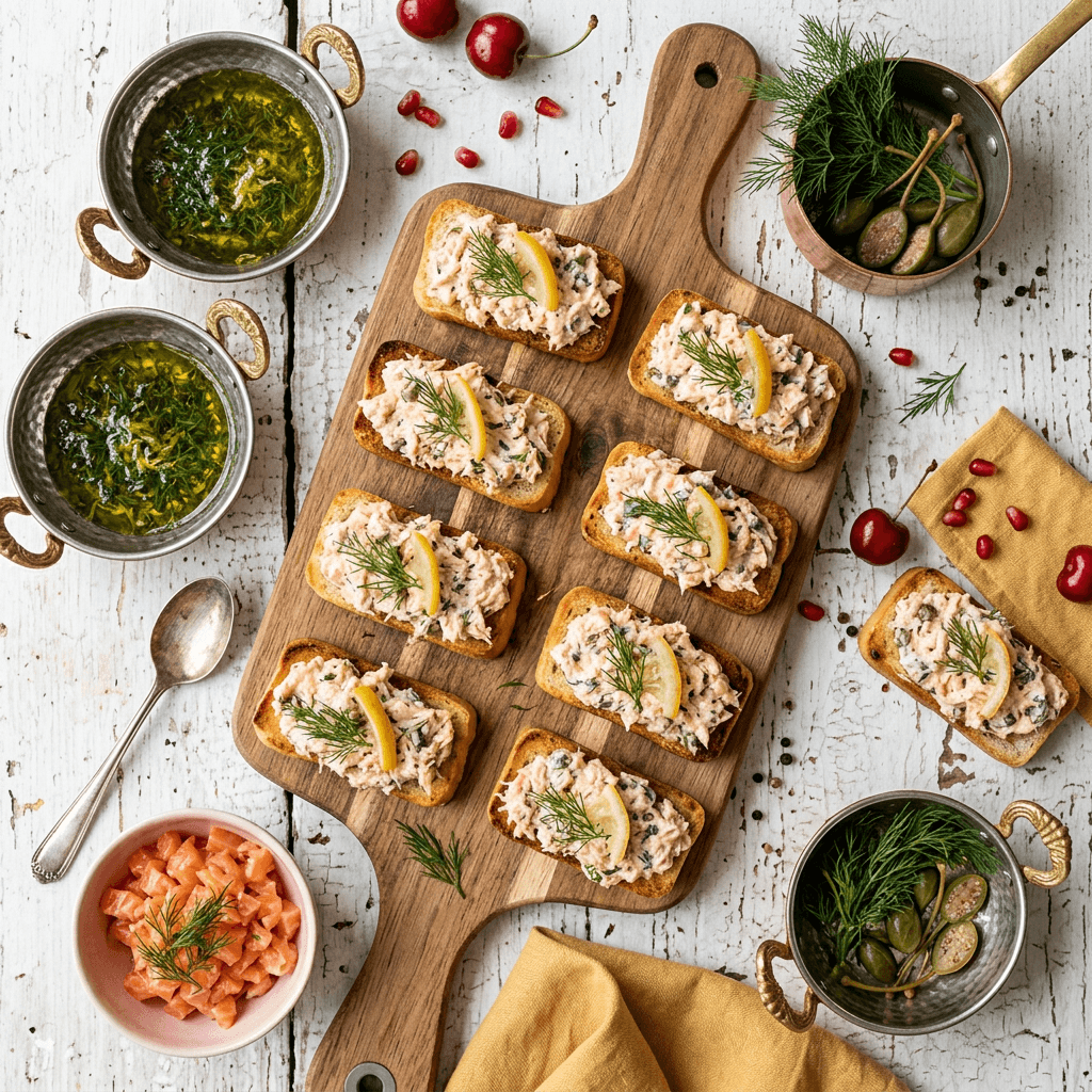Salmon Rillette Crostini with Fresh Dill and Lemon