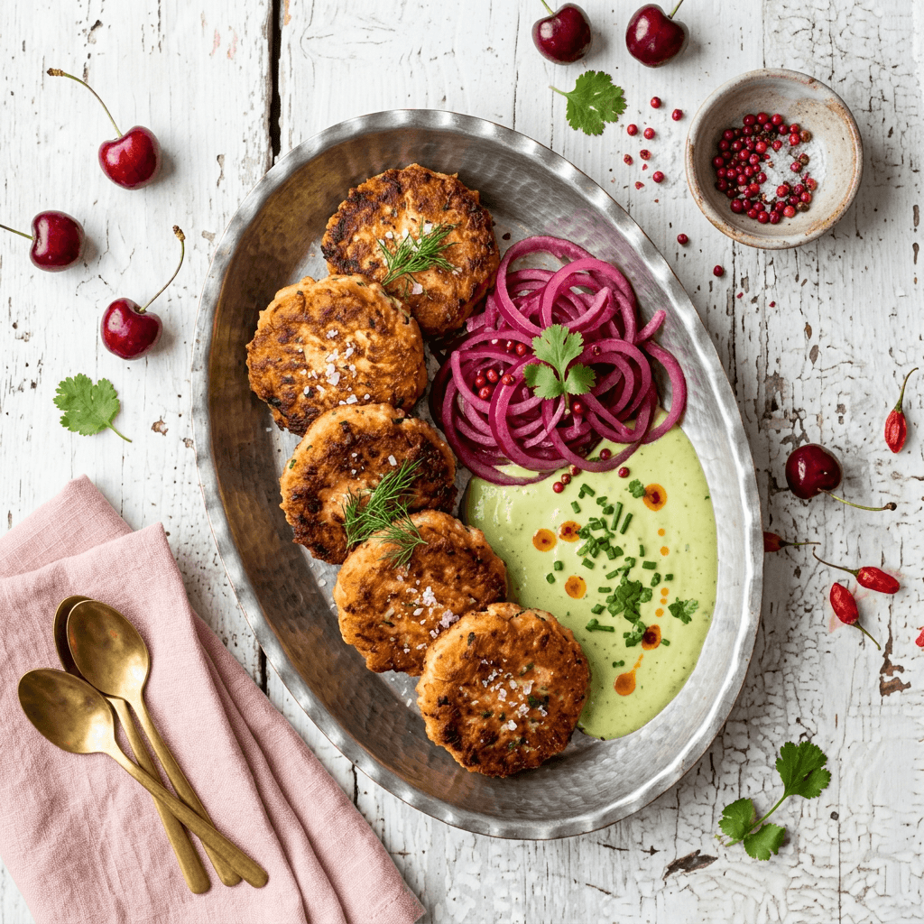 Crispy Salmon Cakes with Avocado Crema and Pickled Red Onion