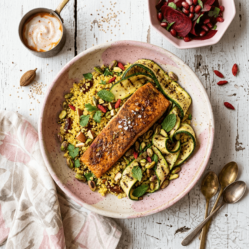 Moroccan Spiced Salmon with Saffron-Quinoa Pilaf and Charred Zucchini Ribbons