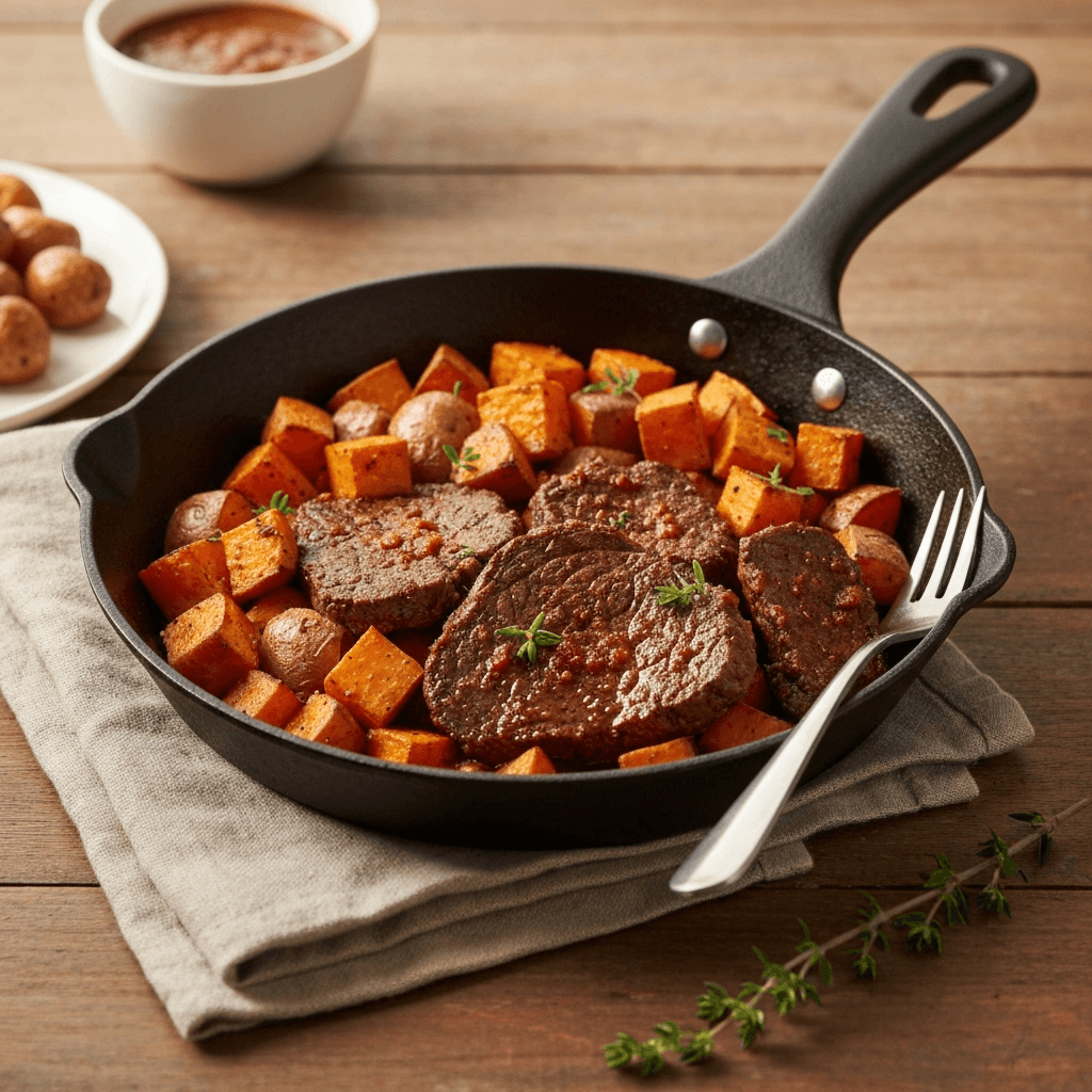 Cajun-Spiced Grass-Fed Beef and Roasted Sweet Potato Skillet