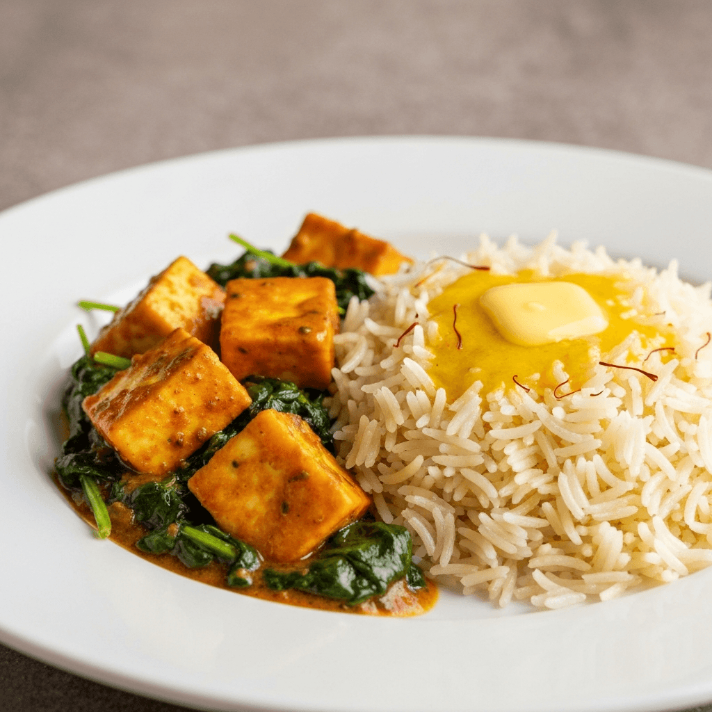 Paneer and Spinach Bhurji with Basmati Pilaf