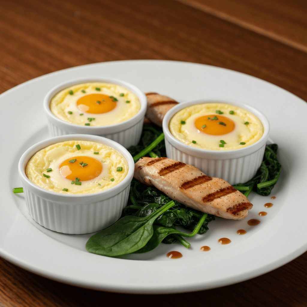 Oeufs en Cocotte with Wilted Spinach and Grilled Chicken