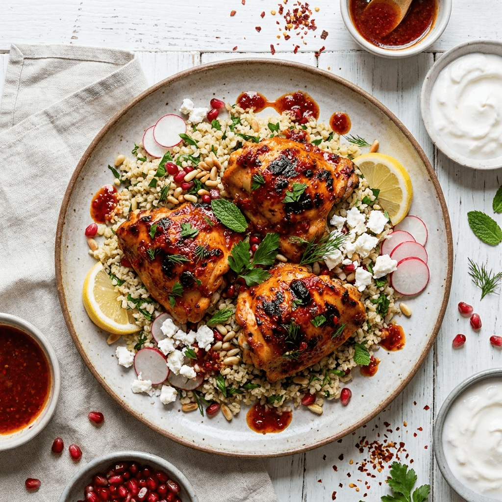 Roasted Harissa-Spiced Chicken Thighs with Herbed Bulgur and Aleppo Pepper Vinaigrette
