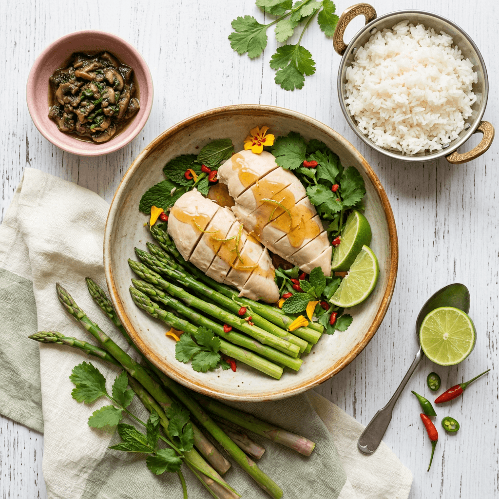 Thai-Inspired Poached Chicken with Asparagus and Lime-Maple Glaze