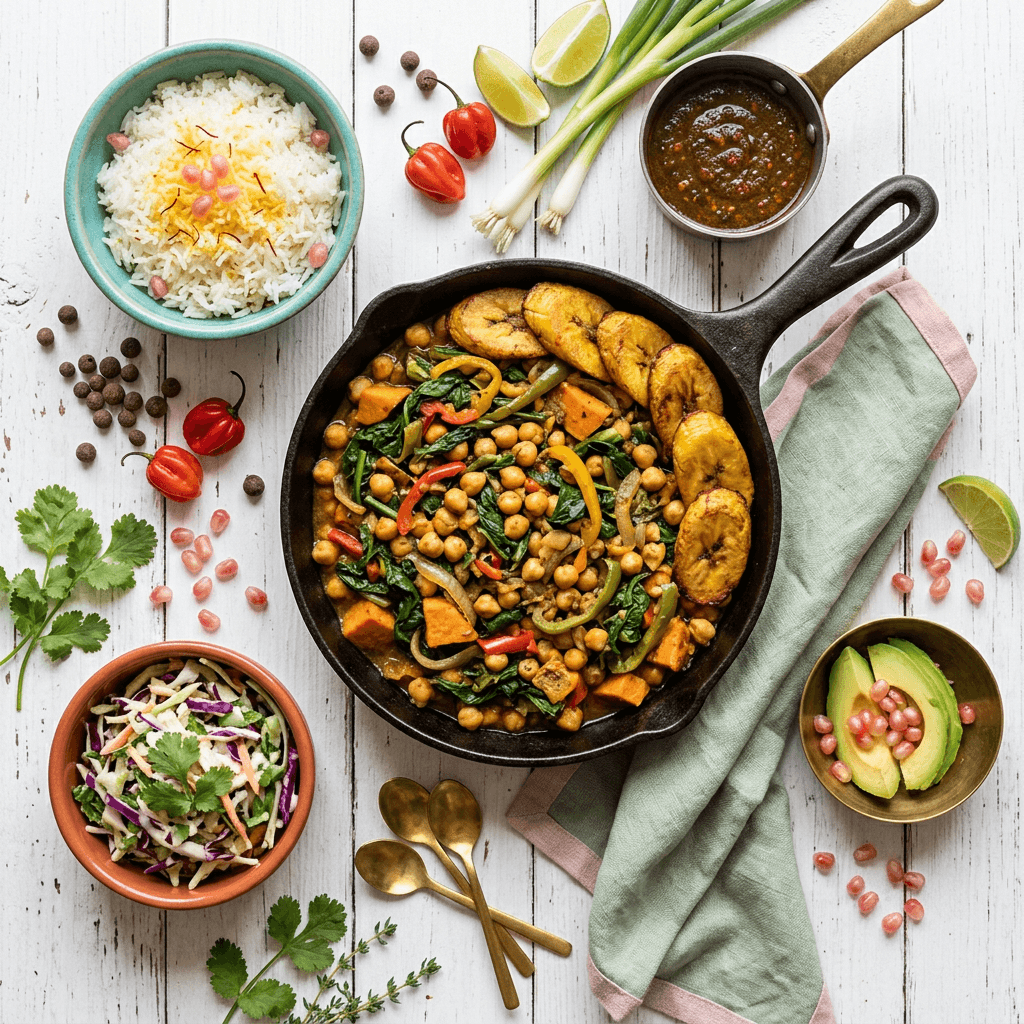 Caribbean Jerk-Spiced Chickpea and Callaloo Skillet with Fried Green Plantain