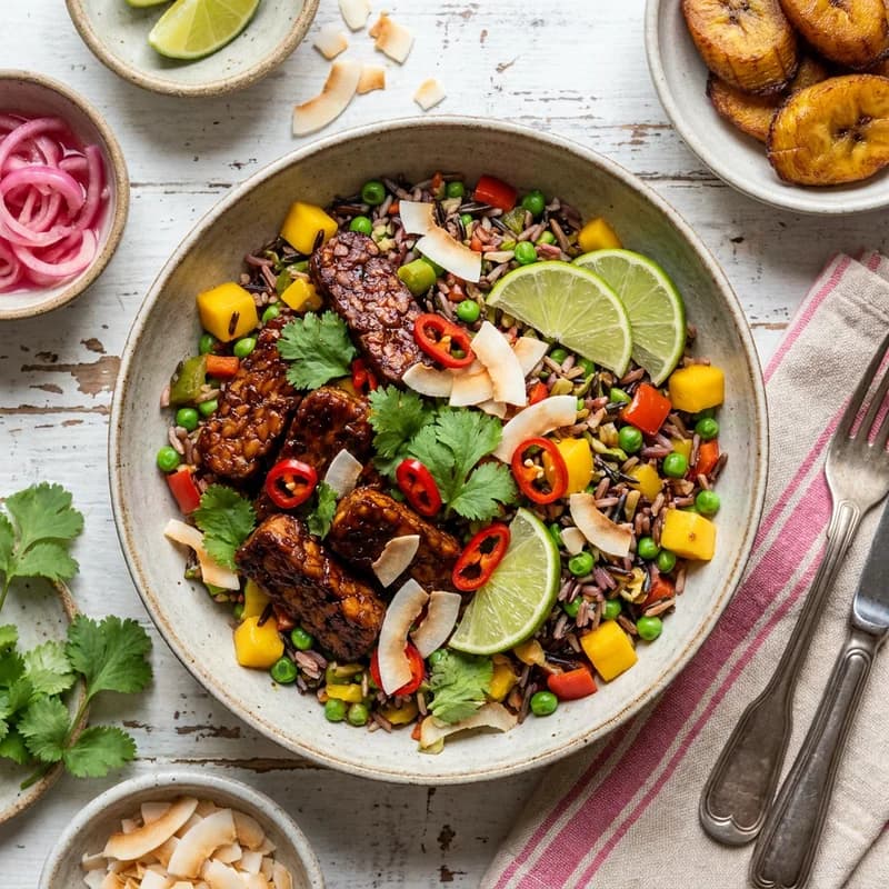 Caribbean Braised Tempeh with Spiced Ruby Wild Rice