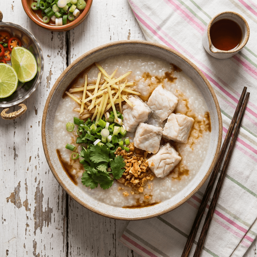 Khao Tom Pla (Thai Fish Rice Porridge with Ginger and Scallion)