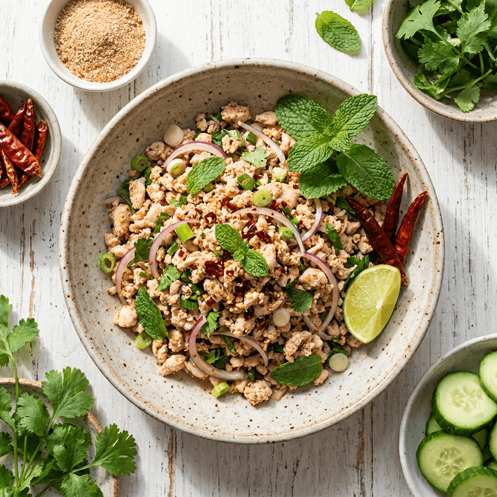 Larb Gai (Isaan Minced Chicken Salad with Toasted Rice Powder)