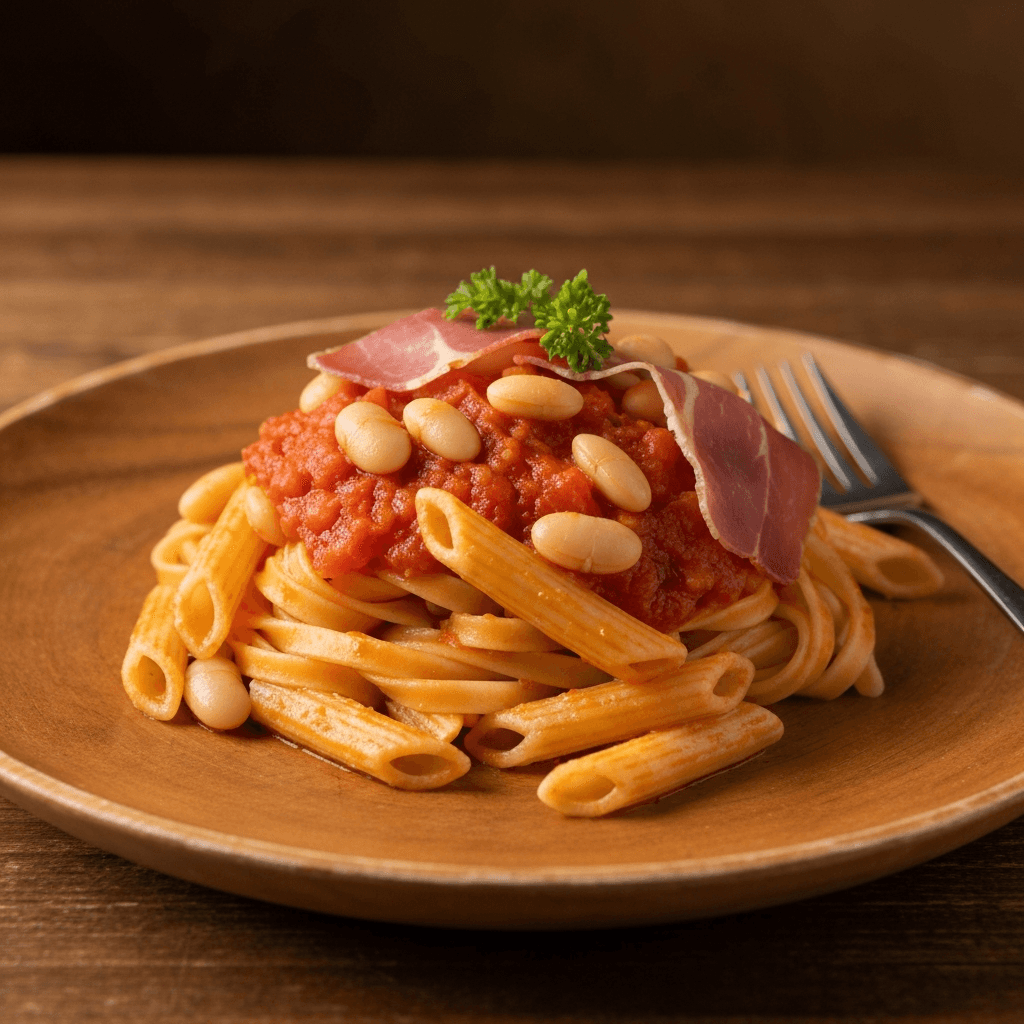 Pasta al Pomodoro with White Bean and Prosciutto Ragù