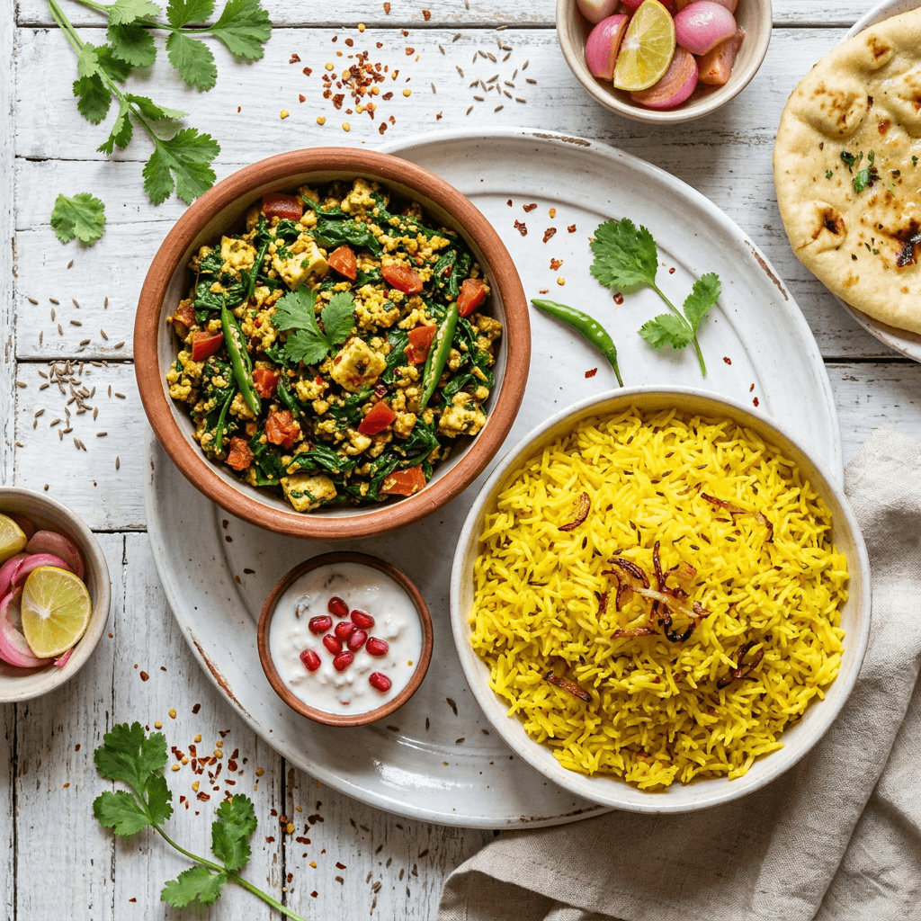 Paneer and Spinach Bhurji with Turmeric-Infused Basmati Rice