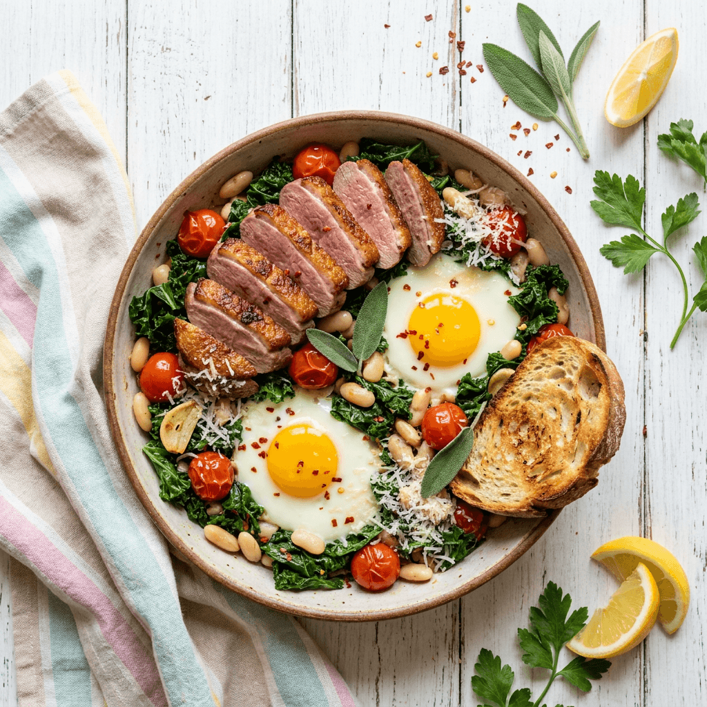 Tuscan-Style Duck Breast and Wilted Kale Breakfast Skillet