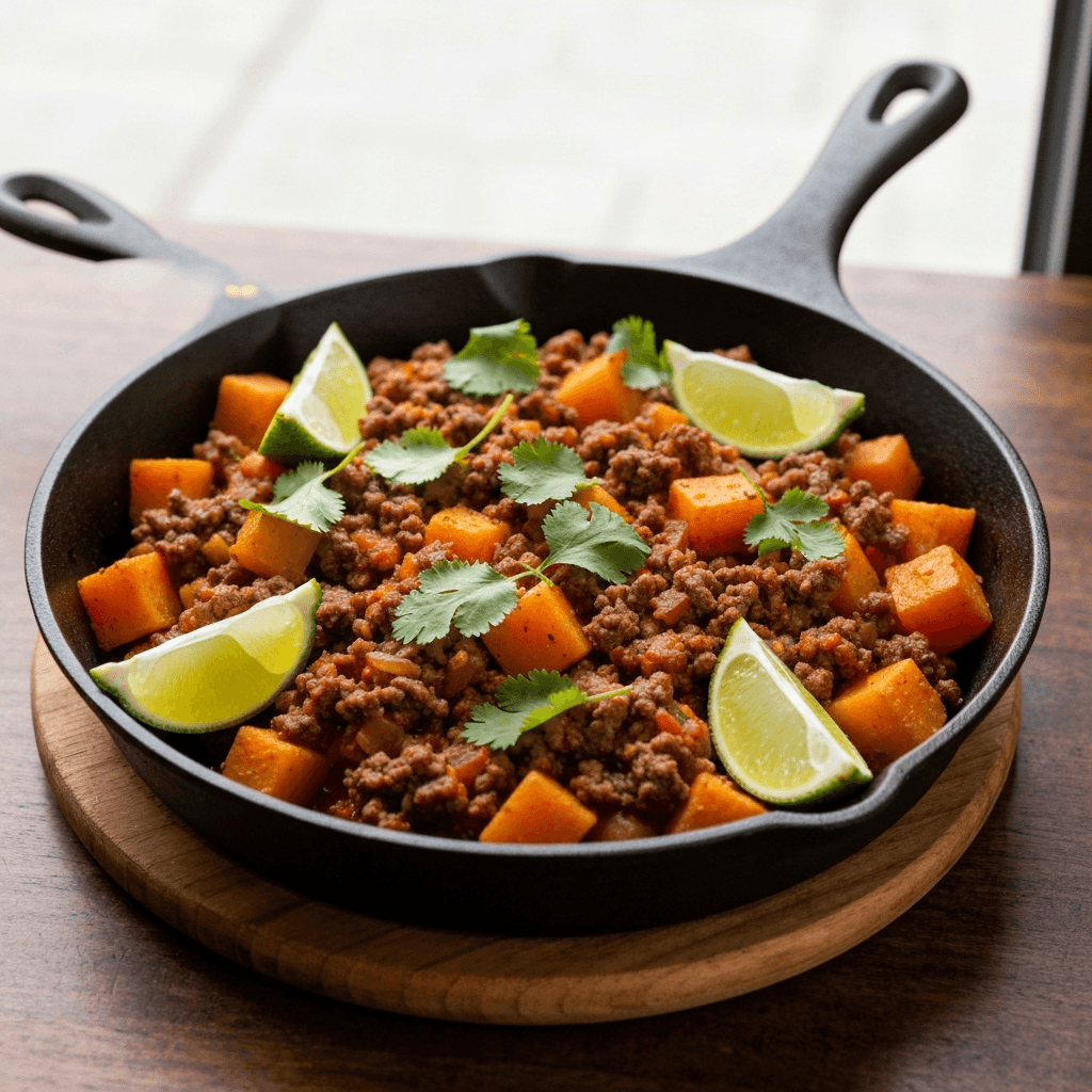 Picadillo-Style Ground Beef and Butternut Squash Skillet with Cilantro and Lime