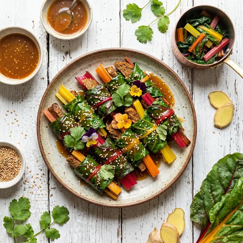 Steamed Seitan and Rainbow Chard Wraps with Ginger-Sesame Glaze