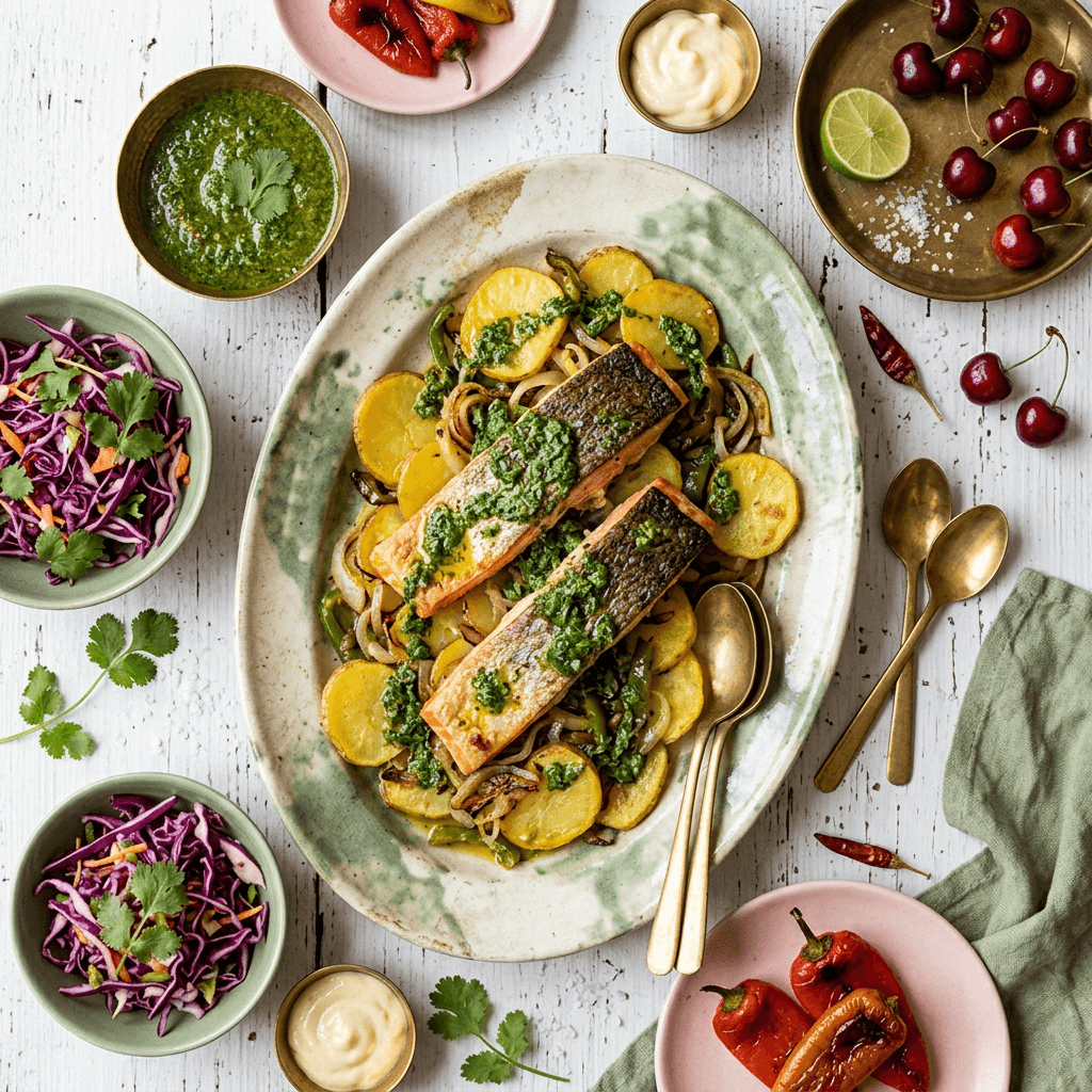 Salmón al Horno con Patatas Panadera y Mojo Verde