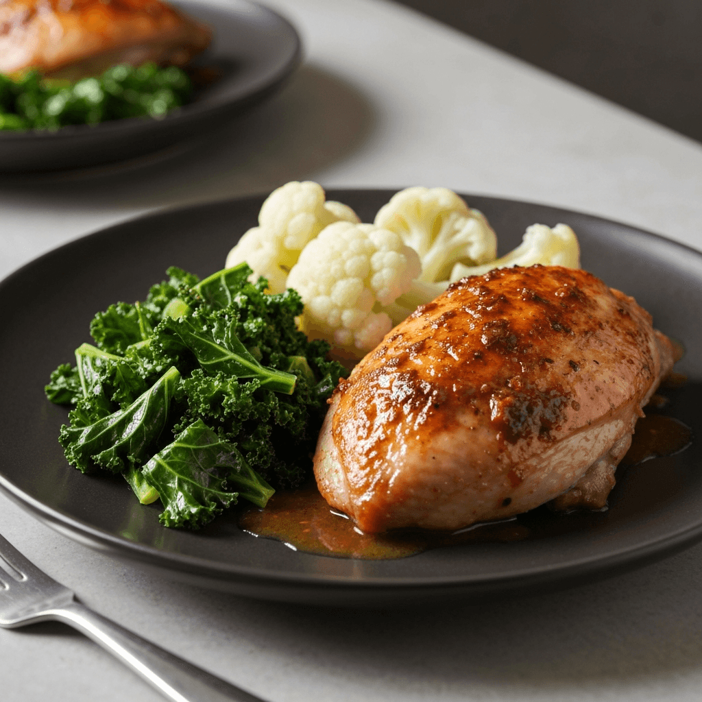Adobo-Style Braised Turkey Breast with Sautéed Tuscan Kale and Steamed Cauliflower