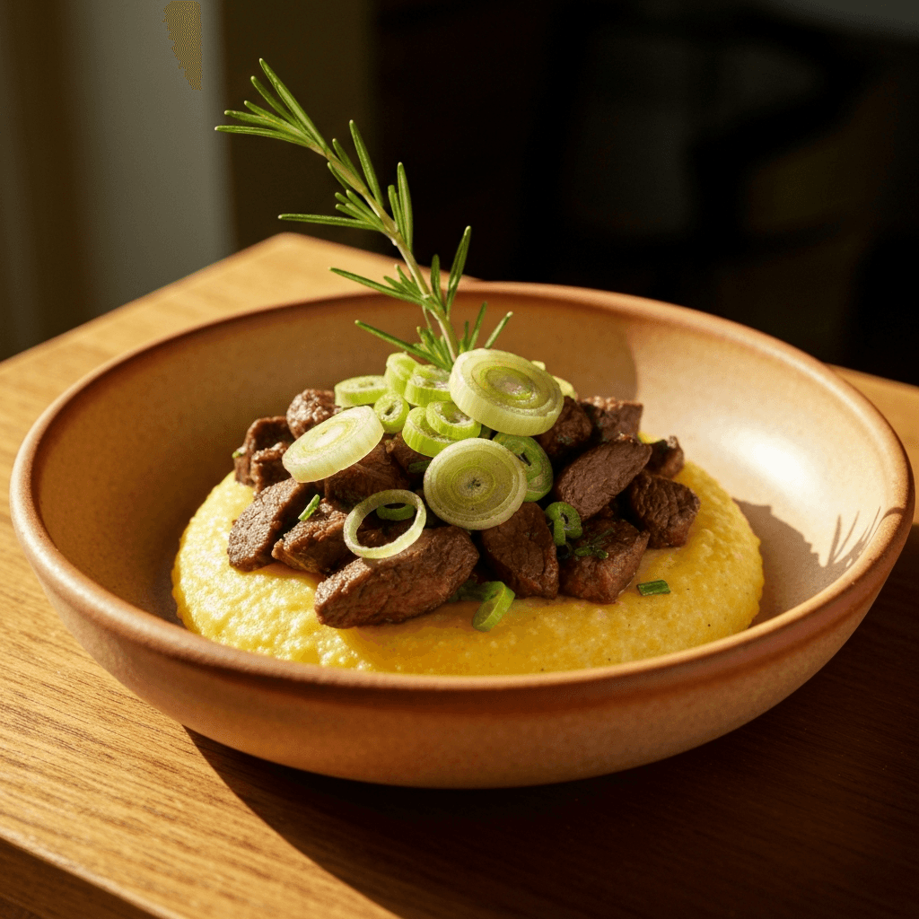 Venison Polenta Scramble with Spring Onions and Whole Grain Dijon
