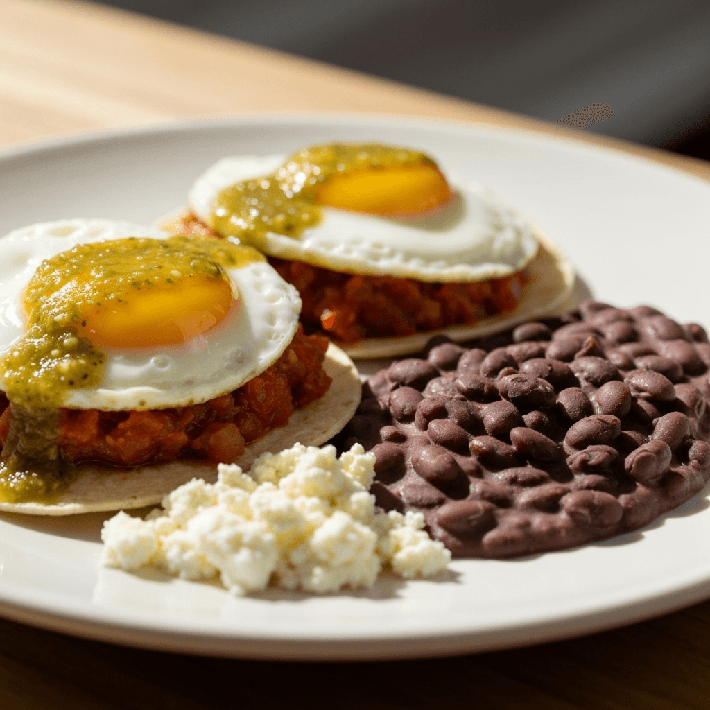Huevos Rancheros with Black Bean Refritos and Queso Fresco