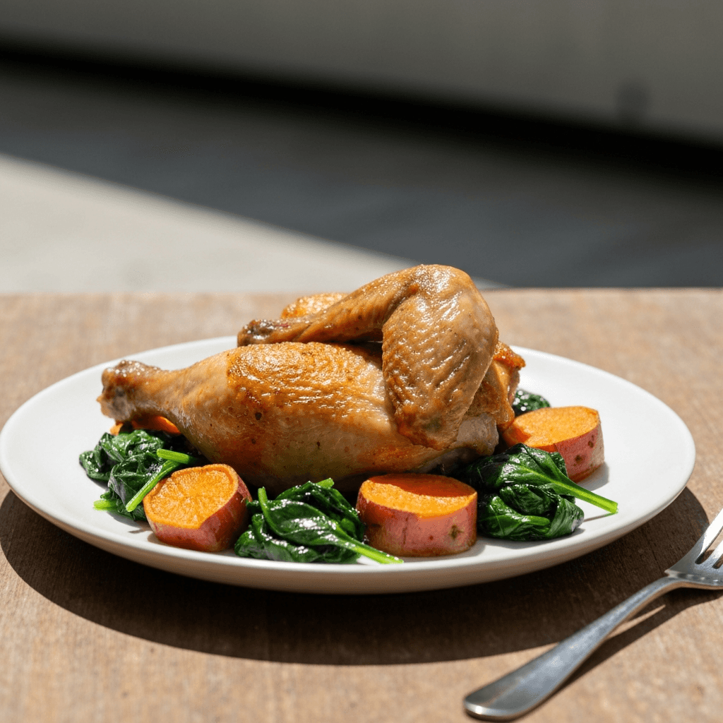Pollo al Horno con Camote y Espinacas (Spanish Roasted Chicken with Sweet Potato and Wilted Spinach)