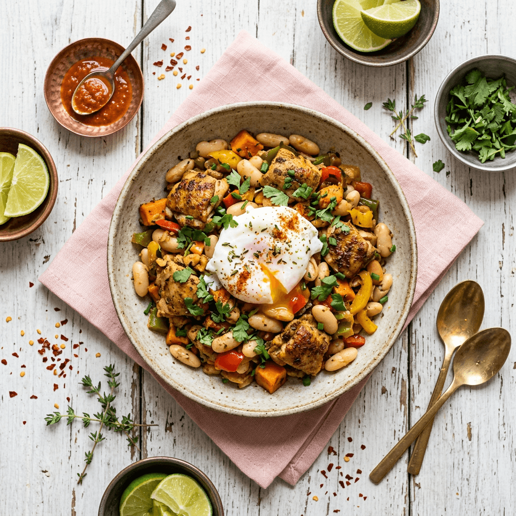 Caribbean-Style Chicken and Spiced White Bean Breakfast Hash