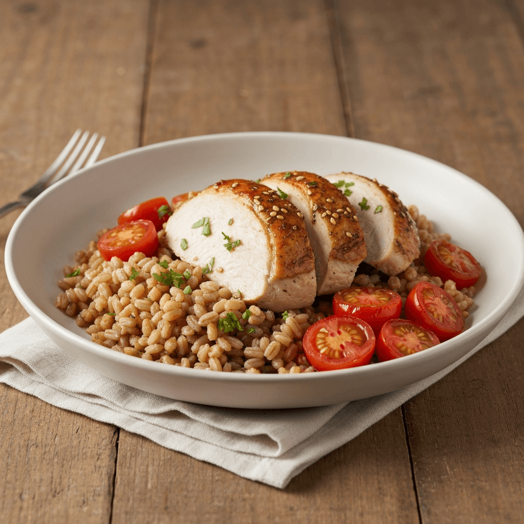 Mediterranean Roasted Turkey and Farro Bowl with Za'atar-Spiced Tomatoes