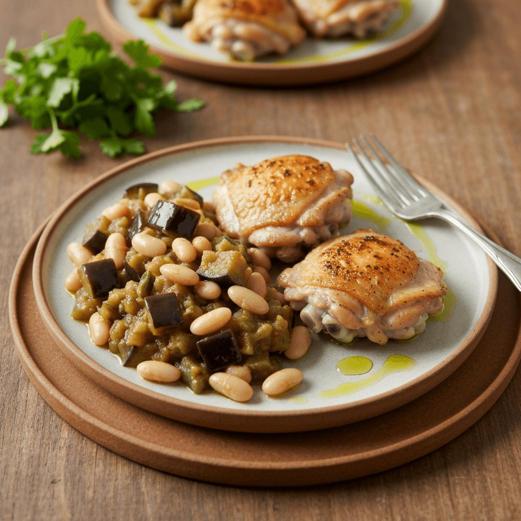 Mediterranean White Bean and Eggplant Ragout with Pan-Seared Chicken Thighs