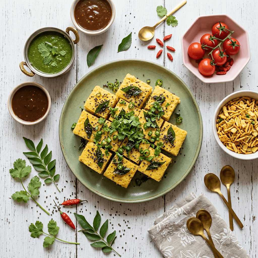 Gujarati Khaman Dhokla with Tempered Mustard Seeds and Cilantro
