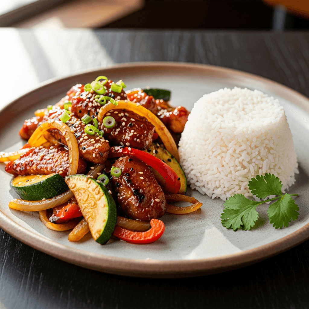 Gochujang-Glazed Turkey and Zucchini Stir-Fry with Steamed Jasmine Rice