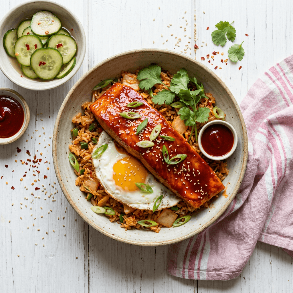 Spicy Gochujang-Glazed Salmon with Kimchi Fried Rice and Quick-Pickled Cucumbers