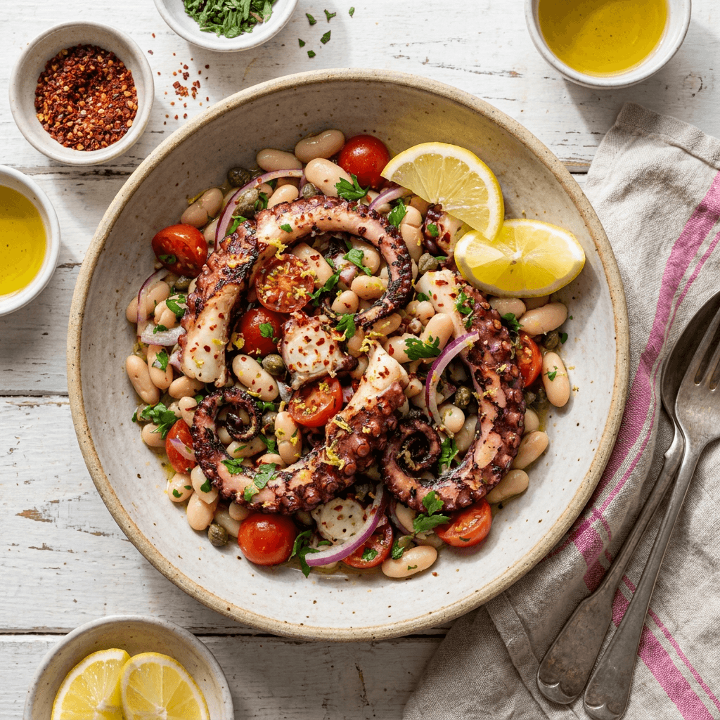 Chargrilled Octopus and White Bean Salad with Aleppo Pepper and Lemon