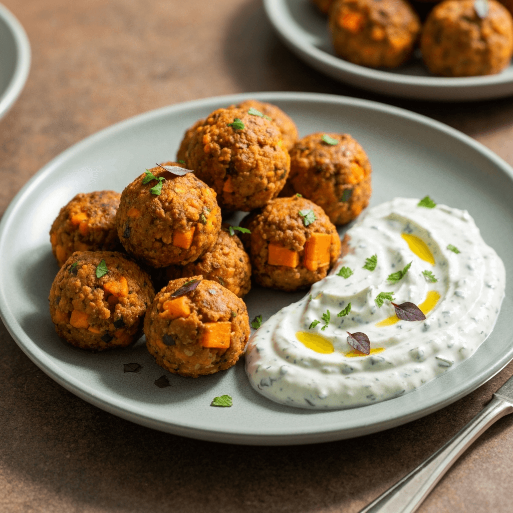 Moroccan Spiced Ground Turkey & Sweet Potato Bites with Herbed Yogurt Dip
