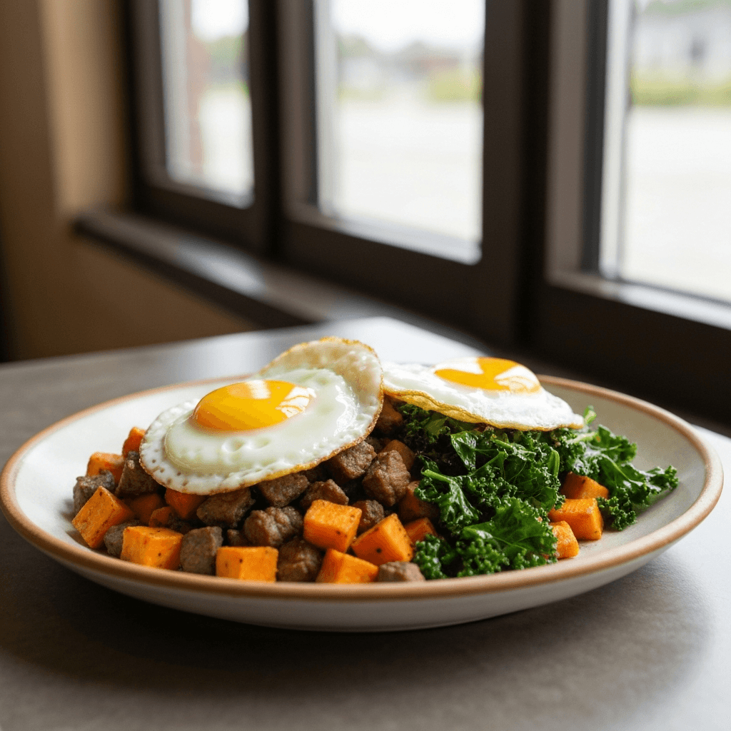 Grass-Fed Beef and Sweet Potato Hash with Wilted Kale and Fried Eggs