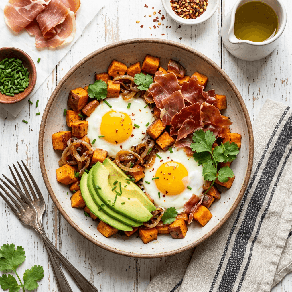 Roasted Sweet Potato and Egg Hash with Crispy Prosciutto and Avocado