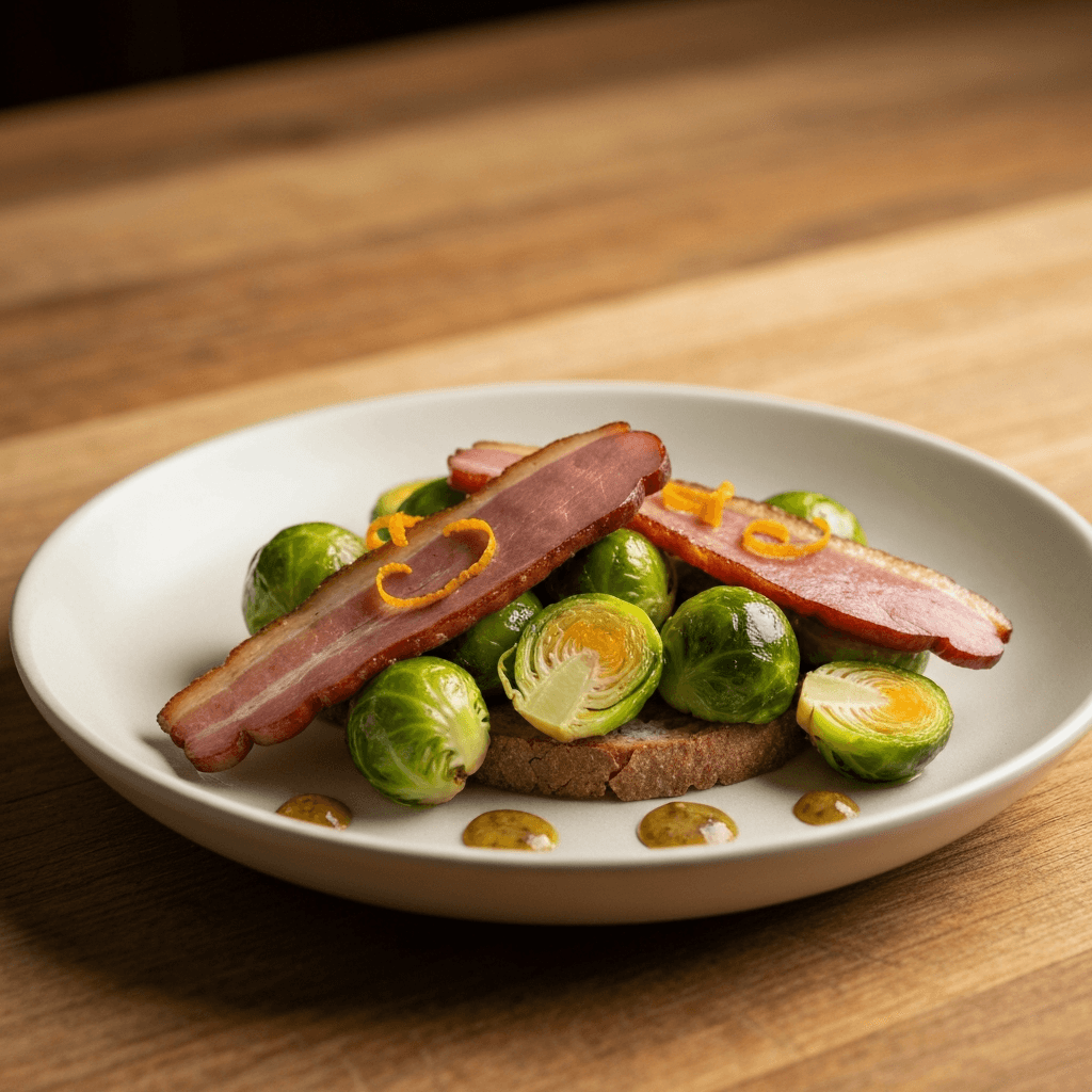 Roasted Duck Bacon and Brussels Sprout 'Petit-Déjeuner' with Orange Zest and Dijon