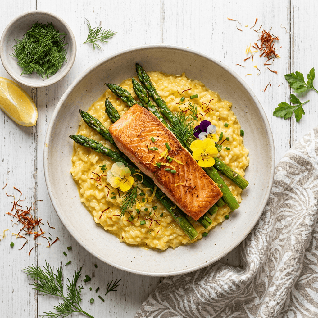 Pan-Seared Salmon with Saffron Risotto and Blistered Asparagus
