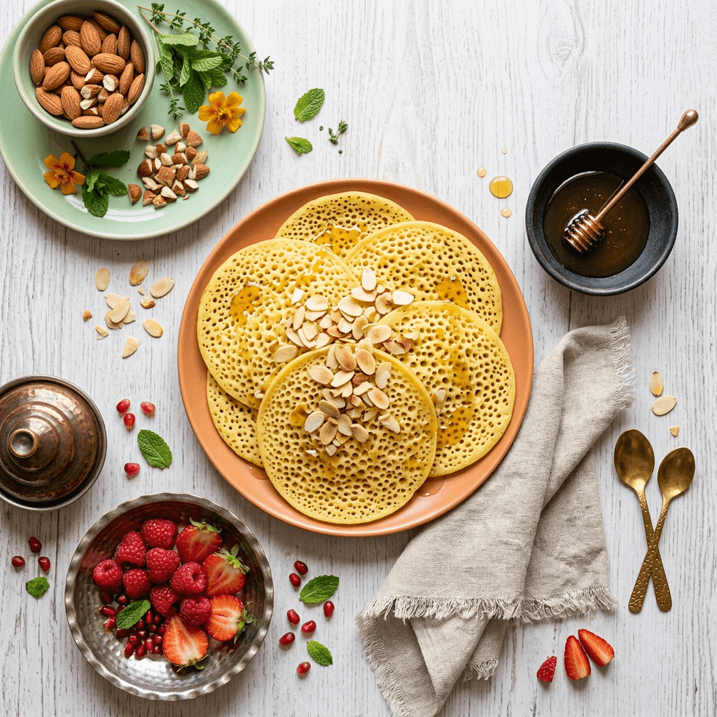 Moroccan Semolina Pancakes (Baghrir) with Honey and Almonds