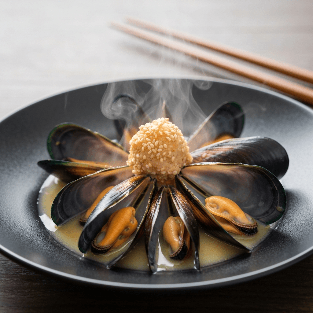 Mussels Steamed in Ginger-Garlic Broth with Toasted Sesame Crunch