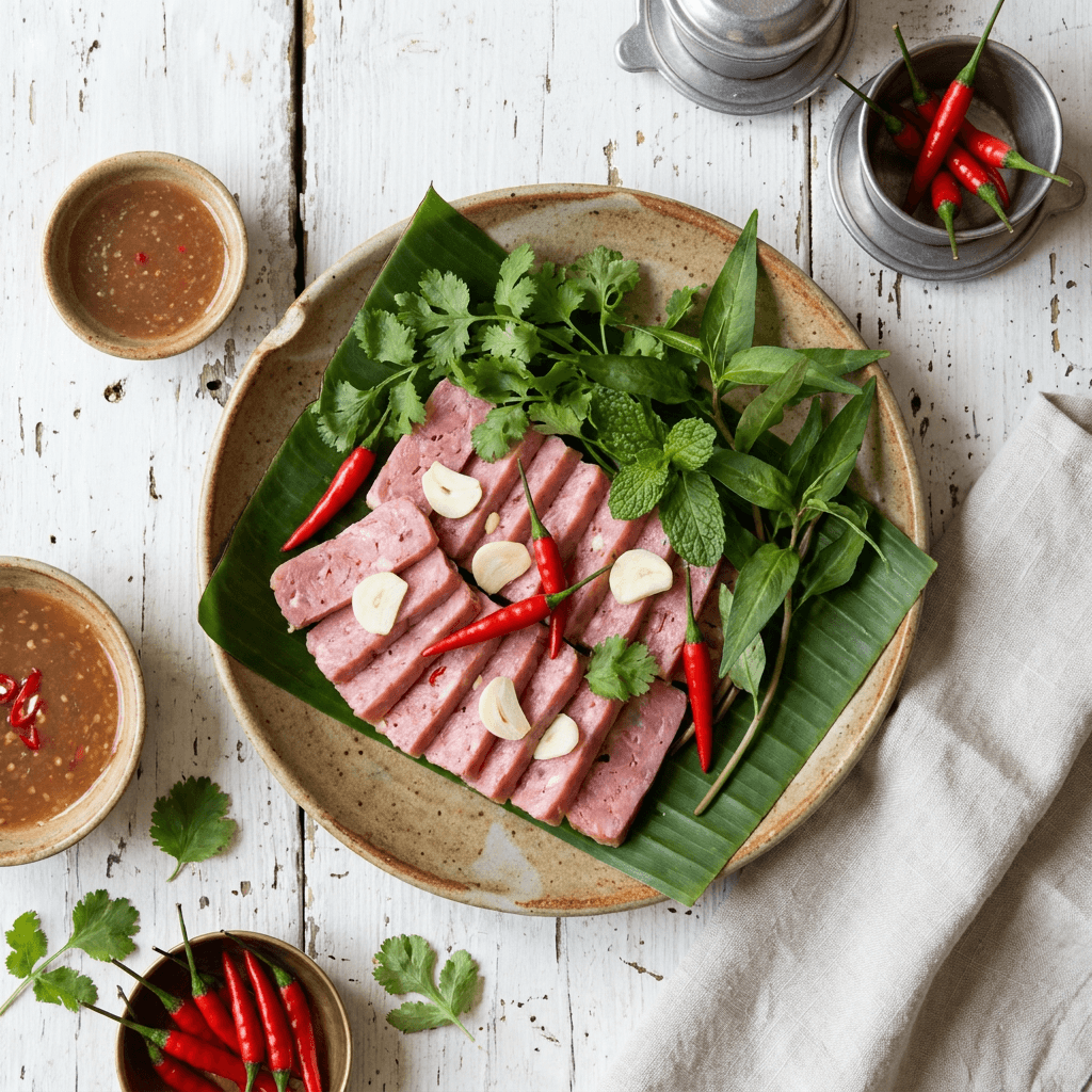 Nem Chua (Fermented Pork Snack with Garlic and Bird's Eye Chili)