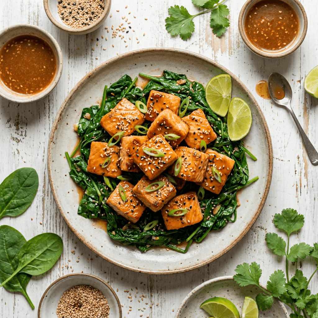 Sesame Ginger Salmon Bites with Wilted Spinach