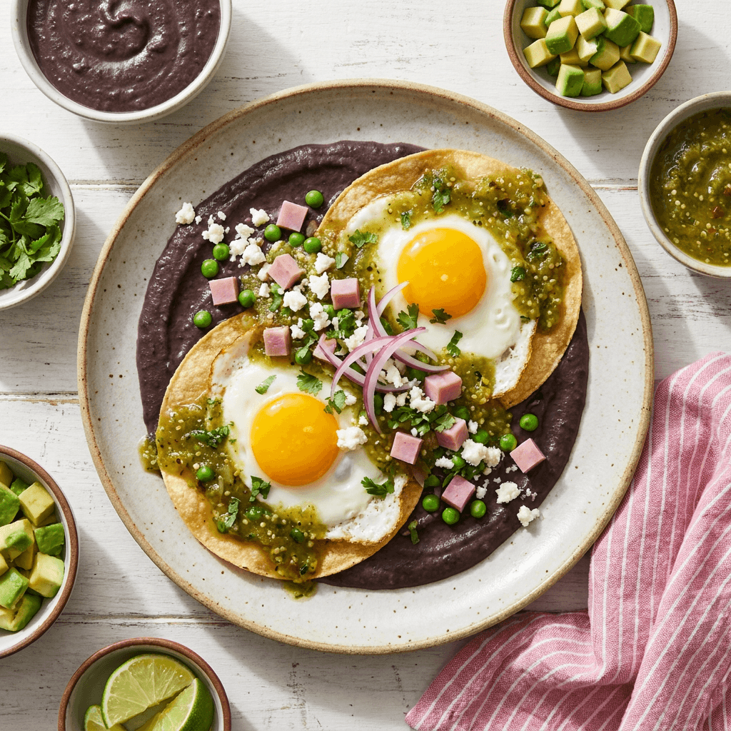 Huevos Motuleños with Black Bean Purée and Tomatillo Salsa