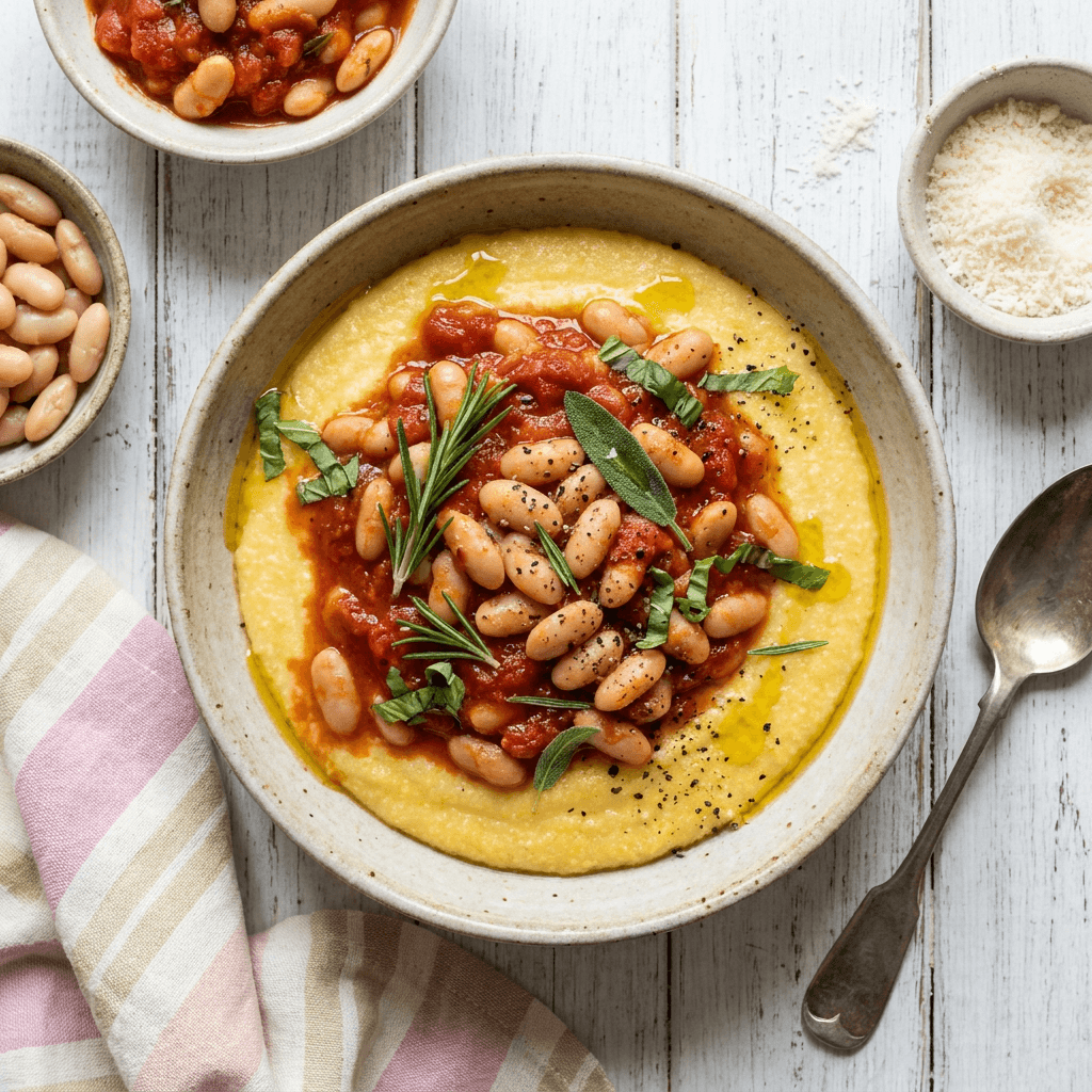 Polenta e Fagioli all'Uccelletto (Creamy Polenta with White Beans in Tomato-Rosemary Sauce)