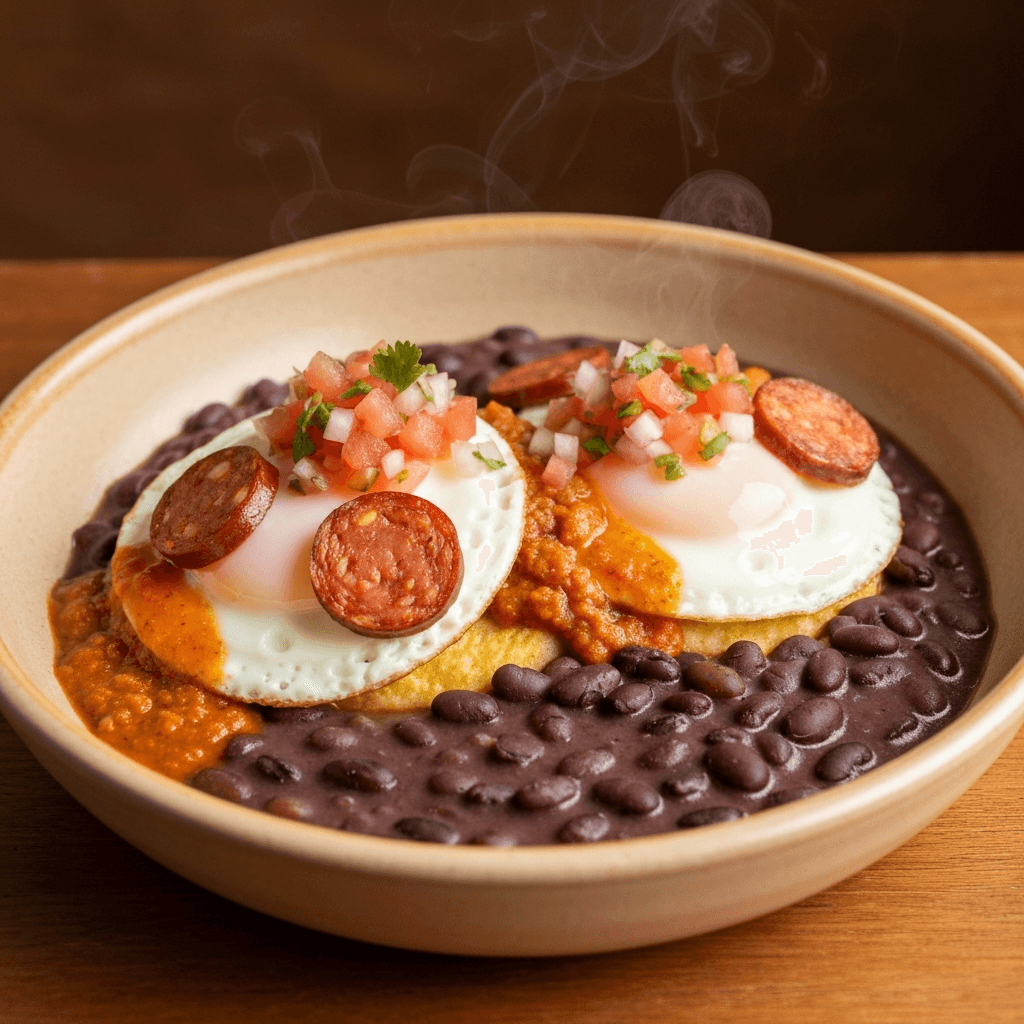 Huevos Rancheros con Chorizo y Frijoles Negros